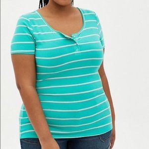 Torrid Ribbed Henley Tee Striped Mint Pink 1X